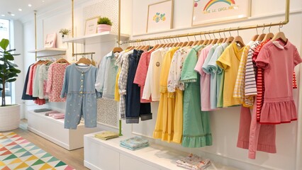 Pastel Children's Clothing Boutique Display, Hanging Rack Composition, Colorful Apparel, Kids Fashion Kids Fashion, Boutique Style