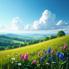 Obraz premium Blauer Himmel ?ber einer Bergwiese mit Blumen und Gras, scenery, nature
