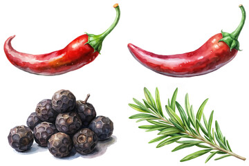 Vibrant red chili peppers, fresh black peppercorns, aromatic rosemary sprigs, watercolor illustration, culinary herbs, food art.