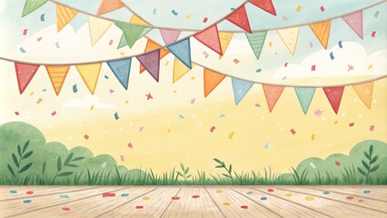 Obraz premium Pastel Party Bunting Illustration Watercolor Style, Wooden Deck, Festive Concept, Spring, Summer Celebration, Party Decoration