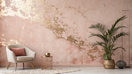 Pink Gold Textured Wall Interior Design, Armchair, Plant, gold Interior design, home decor