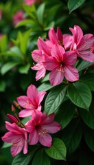 Lush green foliage provides a backdrop for the bright pink azaleas, , flowers