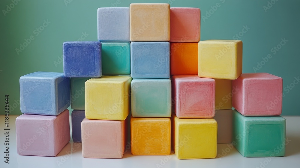 Poster colorful stacking blocks create a vibrant pyramid structure on a white surface