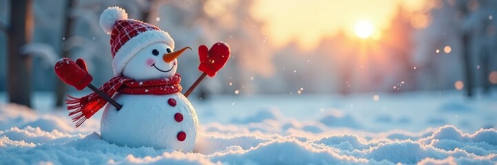 Naklejka premium Snowman waving to the sky in a frosty morning, frosty morning, red mittens, winter