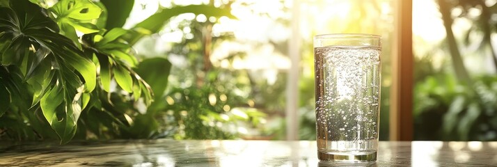Sparkling Water Glass on Marble Countertop with Lush Greenery and Sunlight, Refreshing Summer Drink