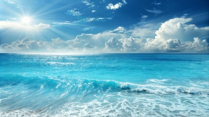 Obraz premium Serene Ocean Landscape Sunny Sky, Turquoise Waves, Coastal Scene, Seascape Photography Ocean, Seascape