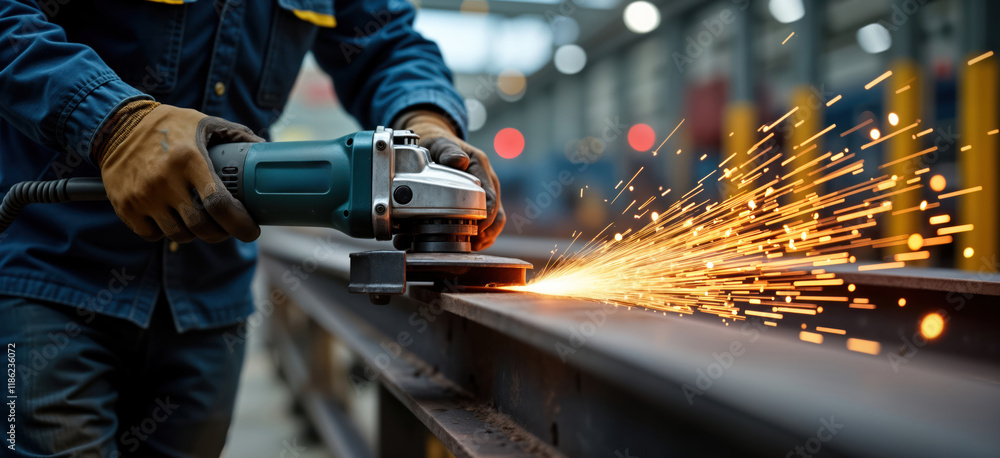 Poster worker grinds steel structure with electric grinder. sparks fly. industrial work in factory. manual 