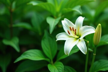 Fototapeta premium White lily amidst lush green foliage and twigs, twig, flower