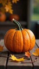 A single large pumpkin sits atop a wooden table with fallen leaves and twigs around it, fall decor, autumn, seasonal decoration