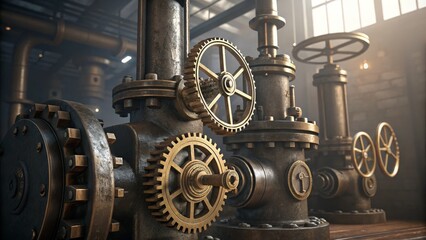 Steampunk Gear Mechanism Industrial Valves and Cogs, 3D Render, Fantasy Concept, Steampunk Gears, Industrial Design Steampunk, Industrial Machinery