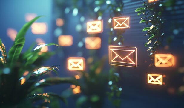 Glowing email icons on wall, plants.