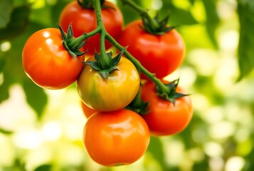 Ripe tomatoes on green branch. Home grown tomato vegetables growing on vine in greenhouse. Autumn vegetable harvest on organic farm.