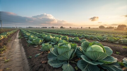 Fototapeta premium Sunrise Cabbage Field Rows of Green Vegetables, Golden Hour Landscape Photography, Agricultural Concept, Farmland Scenery Cabbage, Agriculture