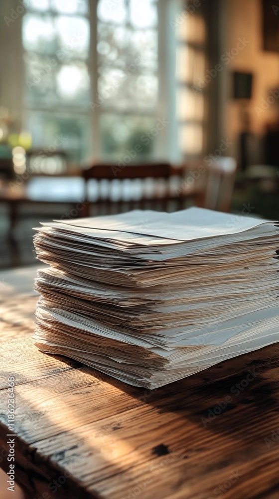 Poster stacked papers on a wooden table near a window in a cozy library setting