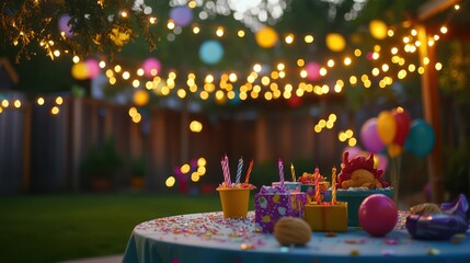 A magical birthday celebration with twinkling fairy lights and colorful decorations in a backyard