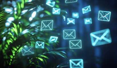 Glowing email icons float near lush green plants in dark.