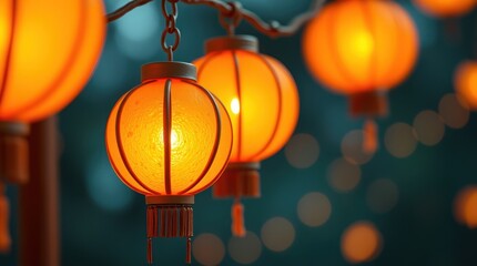 Luxurious Chinese lanterns are prominently displayed, with sharp focus and soft, textured background