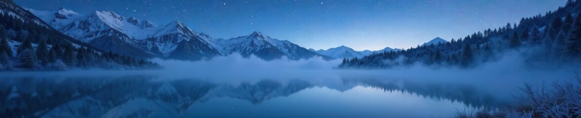 Obraz premium Frosty morning mist surrounds a still mountain lake under starry sky, mist, stillness, lake