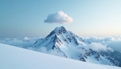 Misty snow-covered peak with a faint question mark cloud hovering above, snow, tranquility, atmospheric
