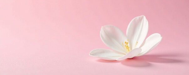 Fototapeta premium Single white petal unfolding against pale light pink ground, single petal, bloom