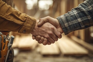 handshake between two carpenters woodworking shop tools on belts