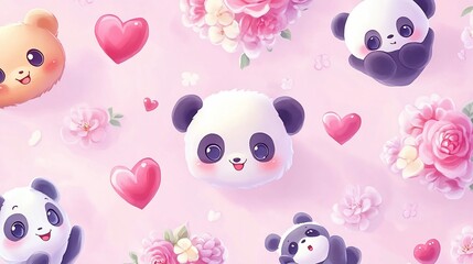 Adorable Panda Bears and Flowers: A Cute Pink Wallpaper