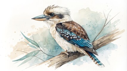 Watercolor Kookaburra on Branch Loose Composition, Teal and Brown Hues, Australian Bird Art, Watercolor Painting Kookaburra, Wildlife art