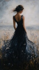 Elegant woman in flowing dress standing against artistic backdrop in soft light