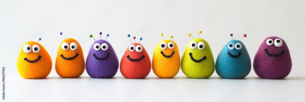Poster Cheerful and colorful microbes with cheerful expressions lined up on a bright surface celebrating friendship and joy. Generative AI