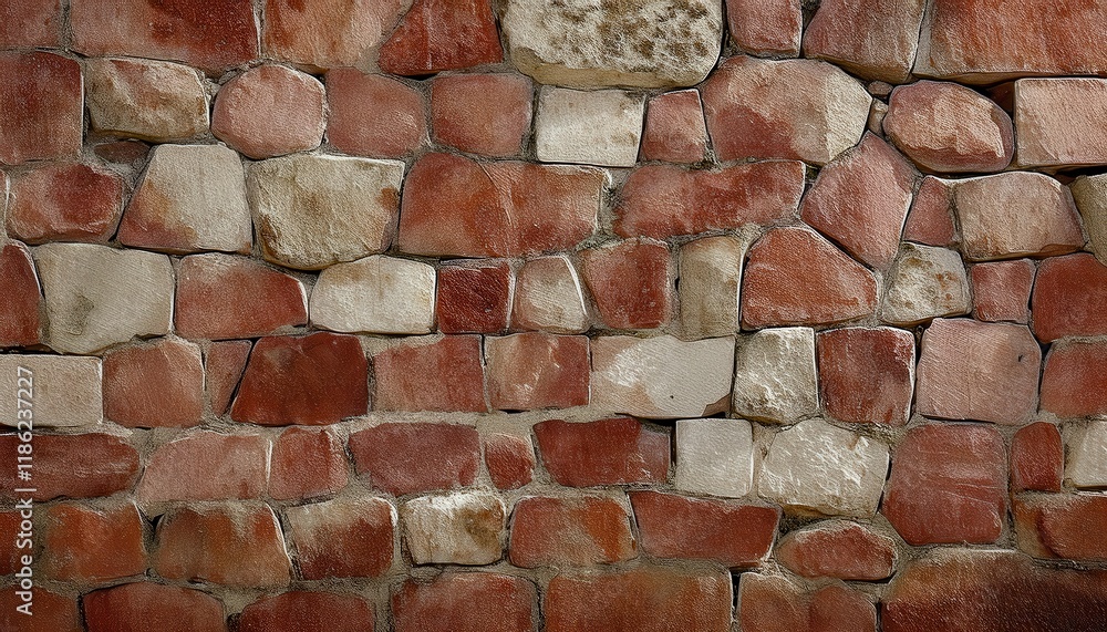 Poster close-up of irregular red sandstone wall with unevenly shaped blocks and rough texture, ideal for architectural background and rustic designs

