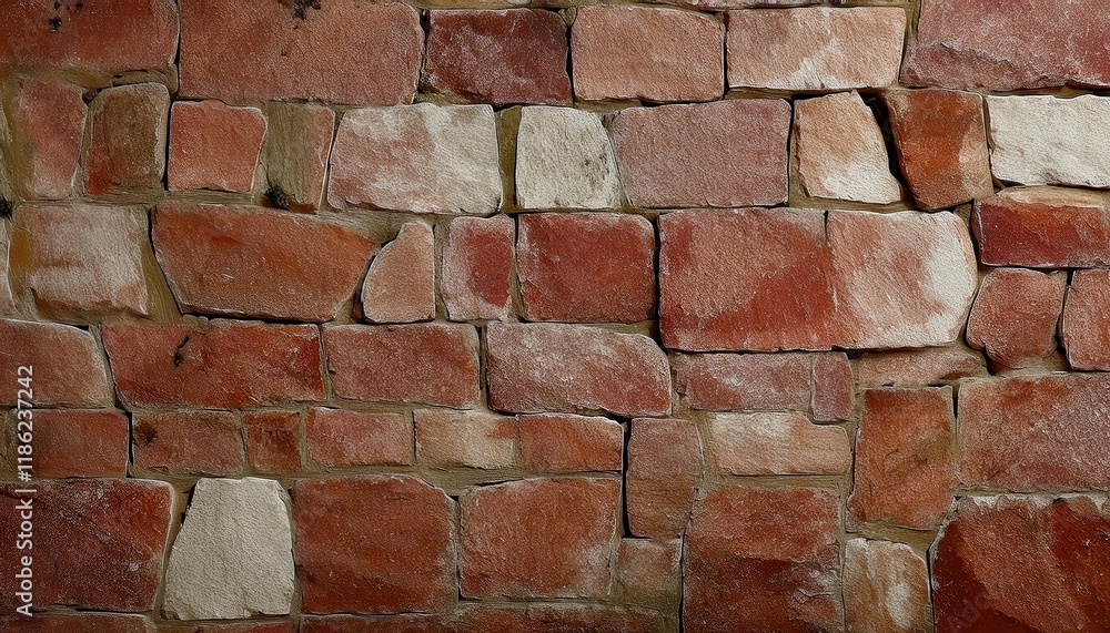 Poster close-up of irregular red sandstone wall with unevenly shaped blocks and rough texture, ideal for architectural background and rustic designs

