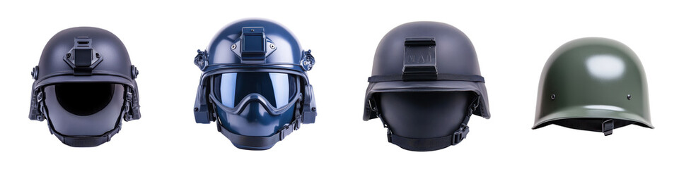 This image showcases an assortment of different military helmets used for tactical combat scenarios  and overall uniform protection  The helmets feature varying designs  materials