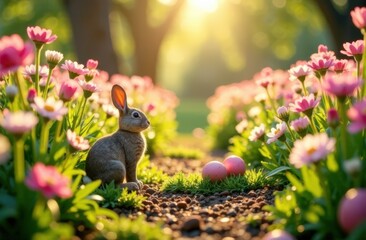 Playful rabbit among blooming flowers and pastel eggs, serene mood, enjoying a spring day in nature