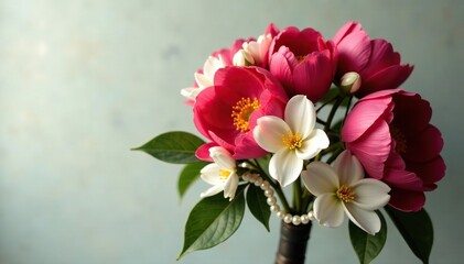 Obraz premium elegant stems of red peonies and white gardenias intertwined with pearls, bouquet, elegance