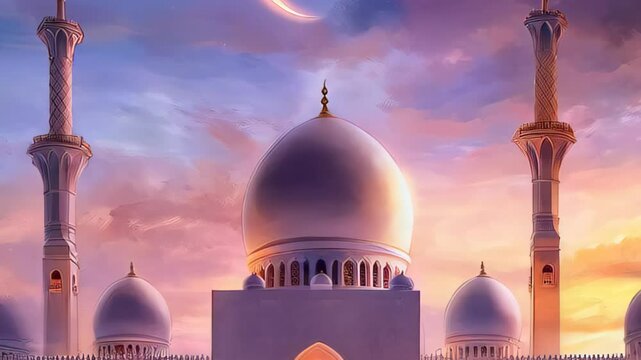 Majestic mosque illuminated by sunset with crescent moon in the sky during evening prayers