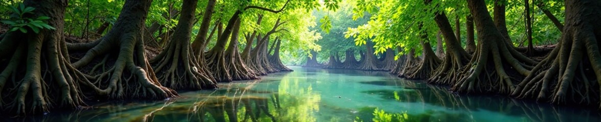 Obraz premium Mangrove roots intertwined with river branches, vegetation, trees