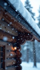 Fototapeta premium Snowflakes gently falling on a wooden cabin roof, peaceful, serene