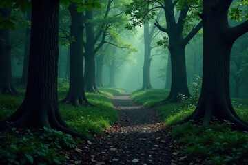 Obraz premium A dark and twisted forest path winds its way through the trees, path, wicked