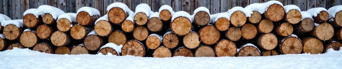 A pile of firewood against a snow-covered fence, stack, fence, rustic