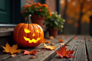 Carved pumpkin and fallen leaves on a wooden porch, rustic, autumn