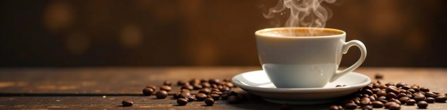 Fragrant coffee aromas waft upwards from a steaming cup, cup, cozy