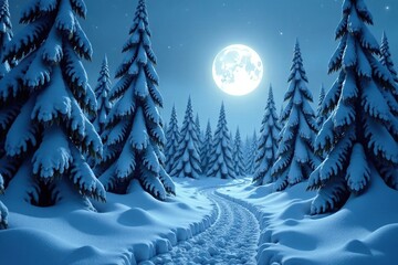 Frozen forest illuminated by a soft white light from the moon's gentle rays, white, lunar, icy