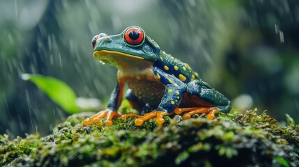 Fototapeta premium Close up of a red eyed tree frog sitting on a mossy rock in a rainforest. Rain is falling around it, making the colors vibrant and intense.