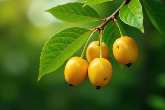 Golden brown berries hanging from a branch of Phellodendron amurense, phellodendron, green