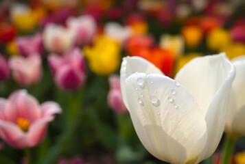 Beautiful Tulip Flower in spring tulips garden. landscape at the middle of summer . Nature background