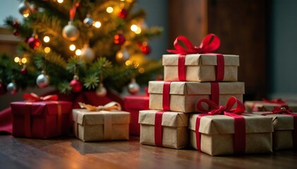 Presents stacked under a decorated Christmas tree, present boxes, warm and inviting