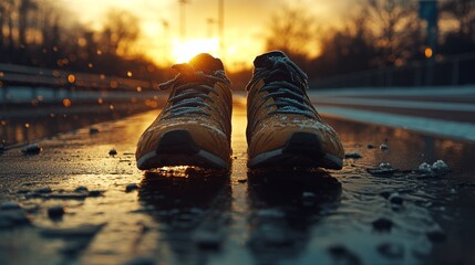 Worn yellow sneakers placed on tracks at sunset with an urban backdrop in soft lighting