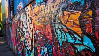 Fototapeta premium Vibrant urban street art explodes across a brick wall. Bold colors and dynamic brushstrokes create a captivating texture, perfect for design projects needing an edgy, creative feel.