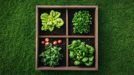 Fresh Vegetables in a Wooden Planter on Green Grass Surface