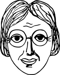 Hand drawn sketch of an adult woman with wrinkles on an isolated background. Vector illustration portrait of abstract pensioner person with glasses. Emotions and Lifestyle, calm face, character